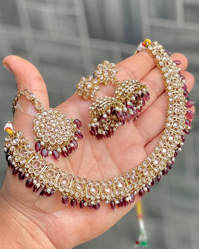 Premium Reverse AD Stone Work Choker Set with Jhumki Earrings & Floral Tikka