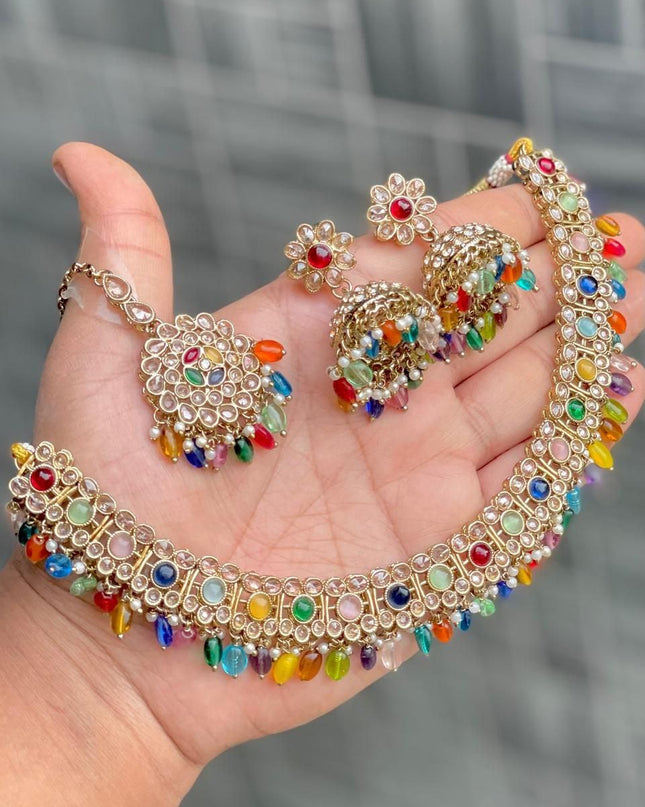 Premium Reverse AD Stone Work Choker Set with Jhumki Earrings & Floral Tikka