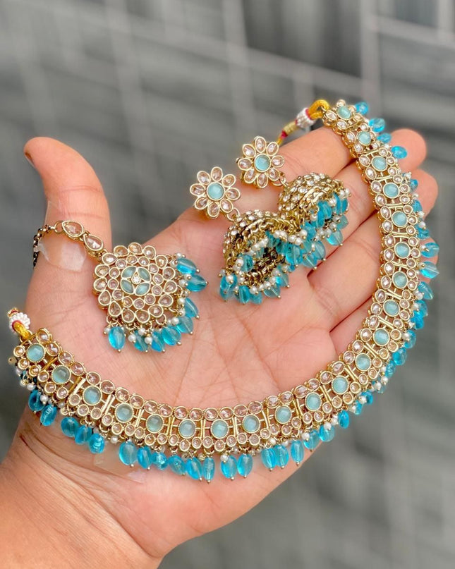 Premium Reverse AD Stone Work Choker Set with Jhumki Earrings & Floral Tikka
