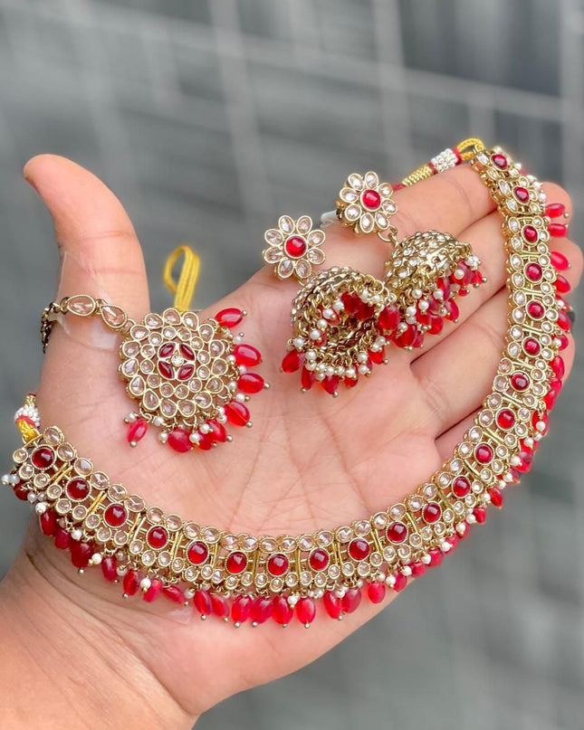 Premium Reverse AD Stone Work Choker Set with Jhumki Earrings & Floral Tikka