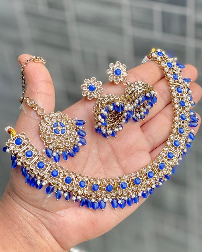 Premium Reverse AD Stone Work Choker Set with Jhumki Earrings & Floral Tikka