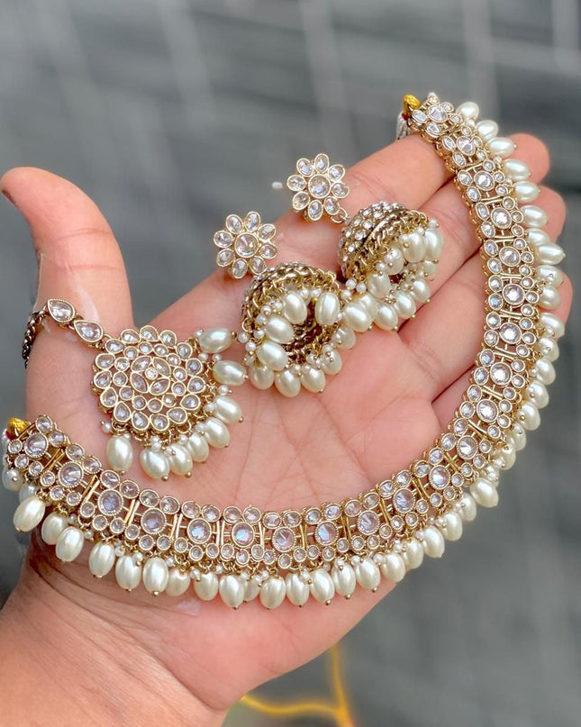 Premium Reverse AD Stone Work Choker Set with Jhumki Earrings & Floral Tikka