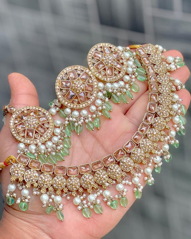 Premium Reverse AD Stone Work Choker Set with Matching Jhumki Earrings & Round Tikka