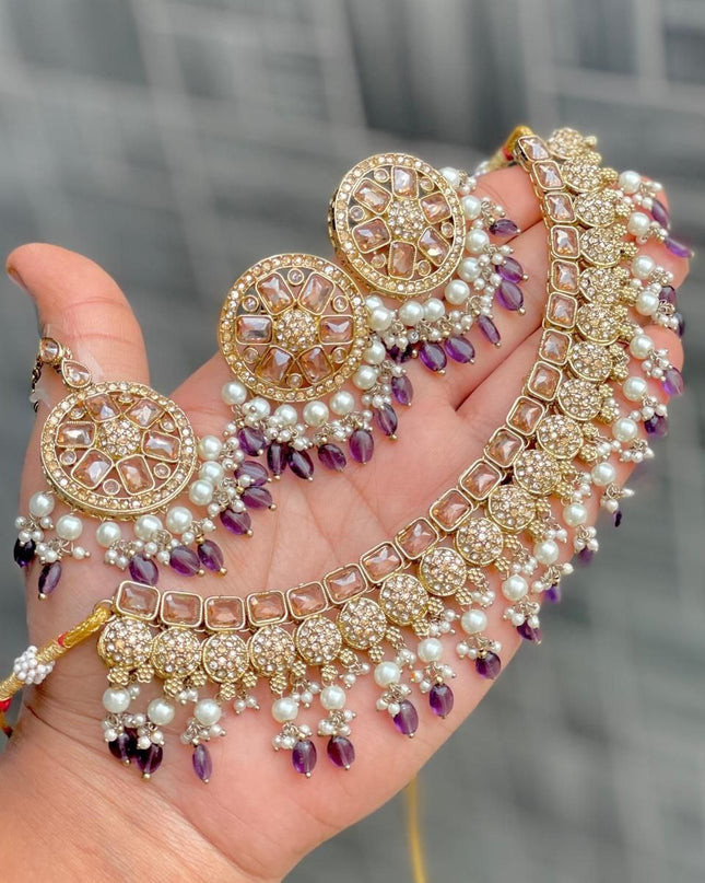 Premium Reverse AD Stone Work Choker Set with Matching Jhumki Earrings & Round Tikka