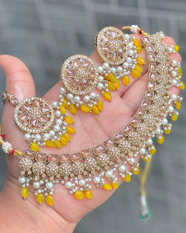 Premium Reverse AD Stone Work Choker Set with Matching Jhumki Earrings & Round Tikka