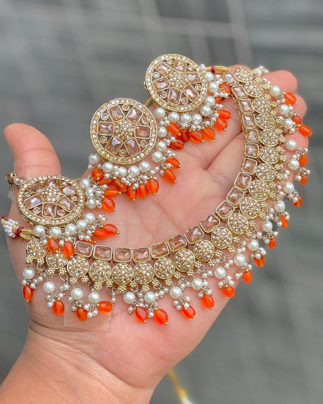 Premium Reverse AD Stone Work Choker Set with Matching Jhumki Earrings & Round Tikka