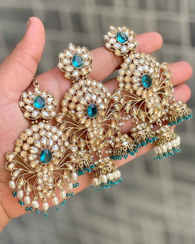 Premium Reverse AD Stone Work Statement Earrings & Tikka Set