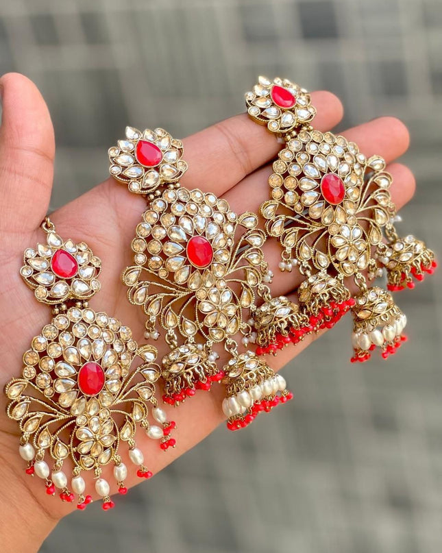 Premium Reverse AD Stone Work Statement Earrings & Tikka Set