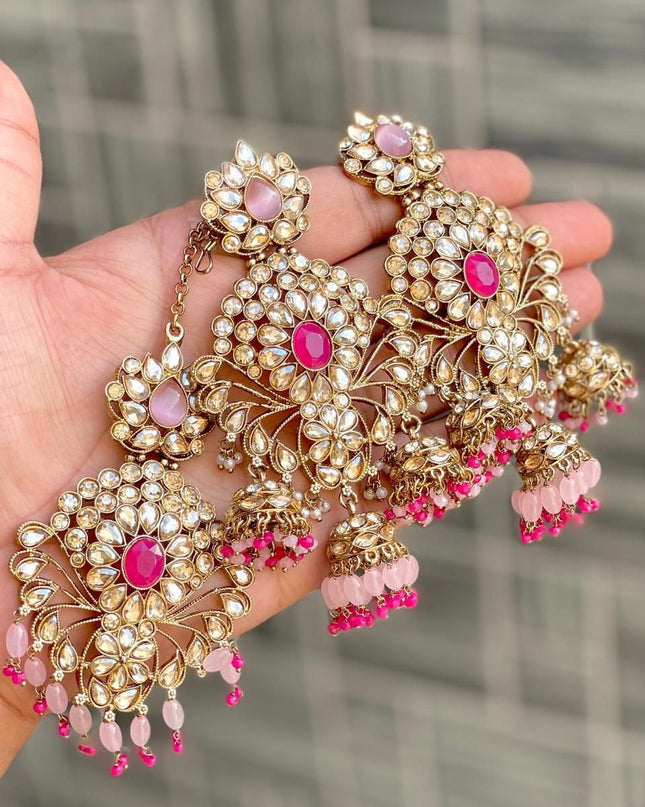 Premium Reverse AD Stone Work Statement Earrings & Tikka Set