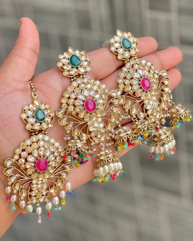 Premium Reverse AD Stone Work Statement Earrings & Tikka Set