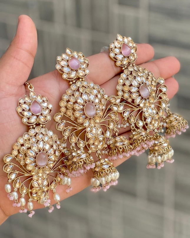 Premium Reverse AD Stone Work Statement Earrings & Tikka Set