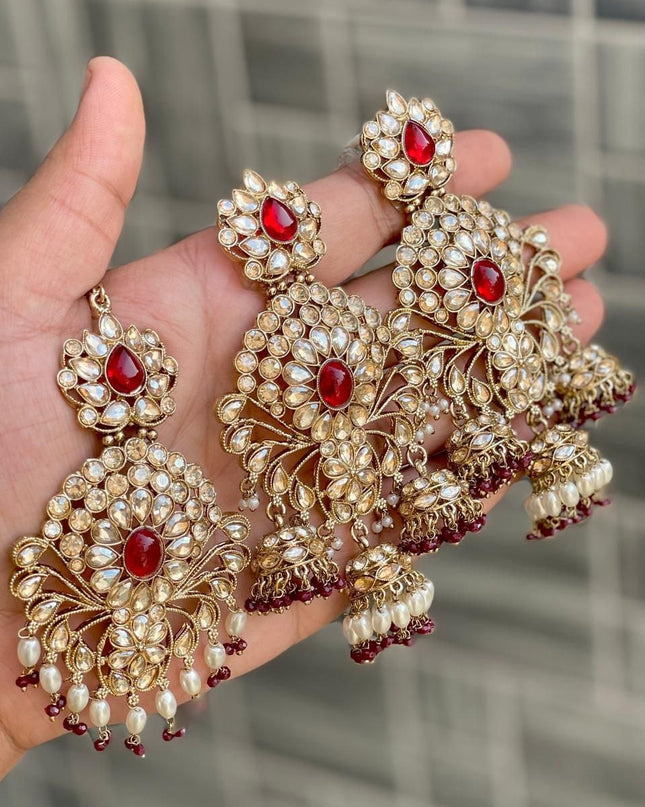 Premium Reverse AD Stone Work Statement Earrings & Tikka Set