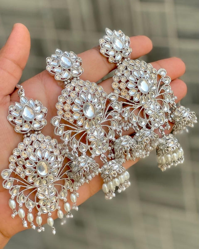 Premium Reverse AD Stone Work Statement Earrings & Tikka Set