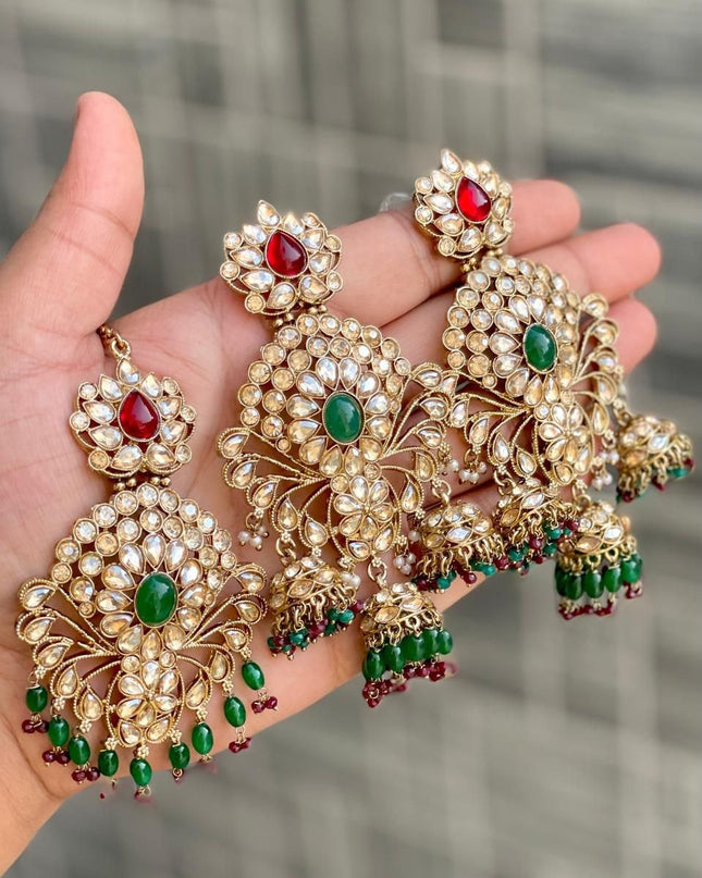 Premium Reverse AD Stone Work Statement Earrings & Tikka Set