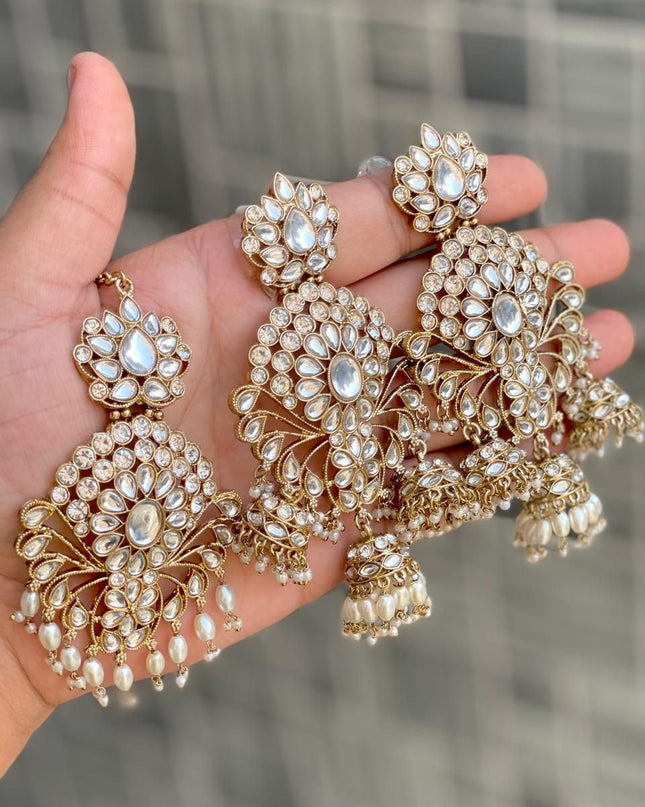 Premium Reverse AD Stone Work Statement Earrings & Tikka Set