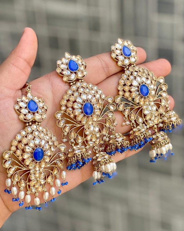 Premium Reverse AD Stone Work Statement Earrings & Tikka Set