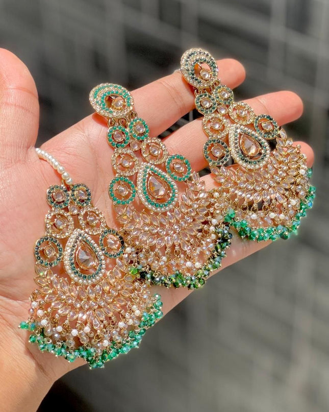 Designer Reverse AD Stone Statement Earrings with Coordinated Maang Tikka