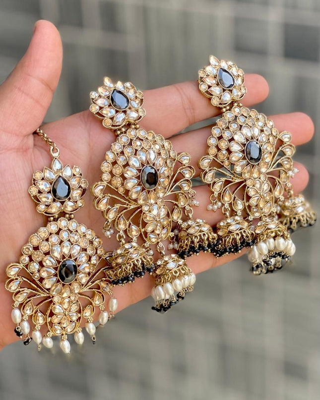 Premium Reverse AD Stone Work Statement Earrings & Tikka Set