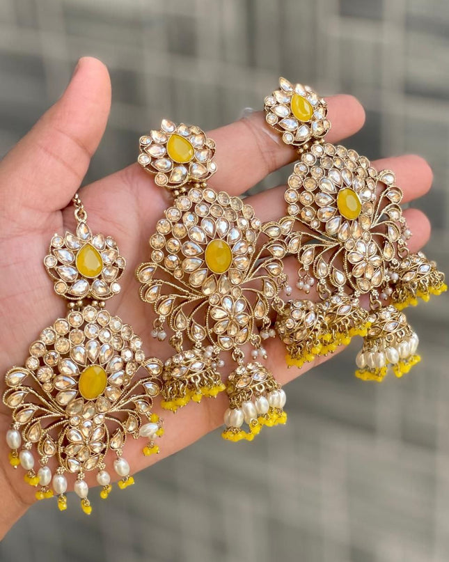 Premium Reverse AD Stone Work Statement Earrings & Tikka Set