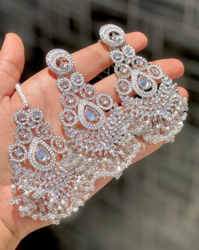 Designer Reverse AD Stone Statement Earrings with Coordinated Maang Tikka