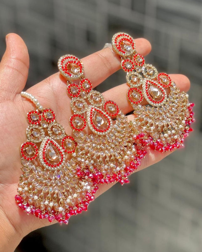 Designer Reverse AD Stone Statement Earrings with Coordinated Maang Tikka