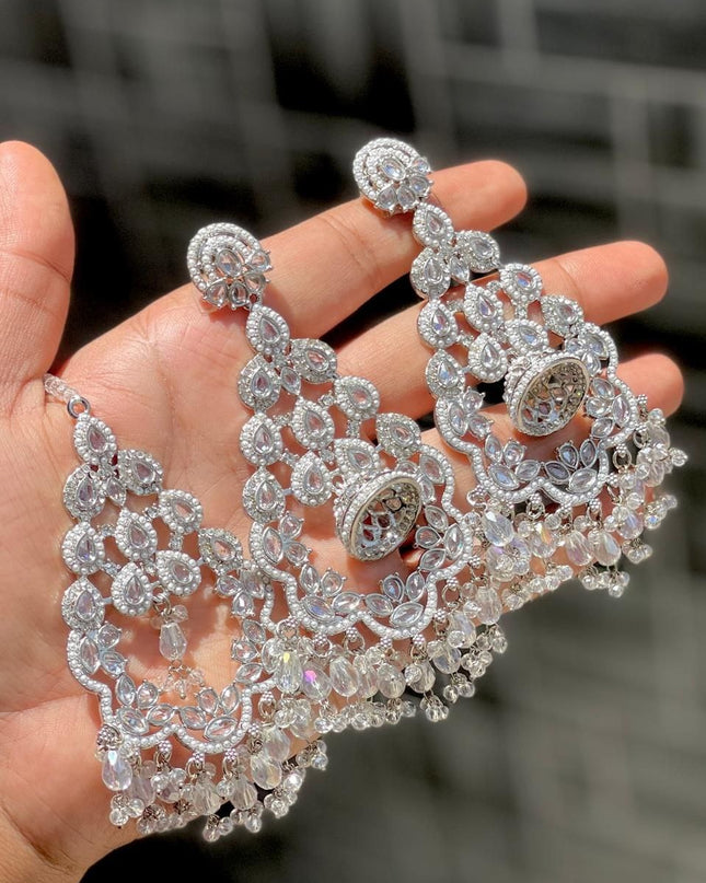 Designer Reverse AD Stone Statement Earrings with Coordinated Maang Tikka