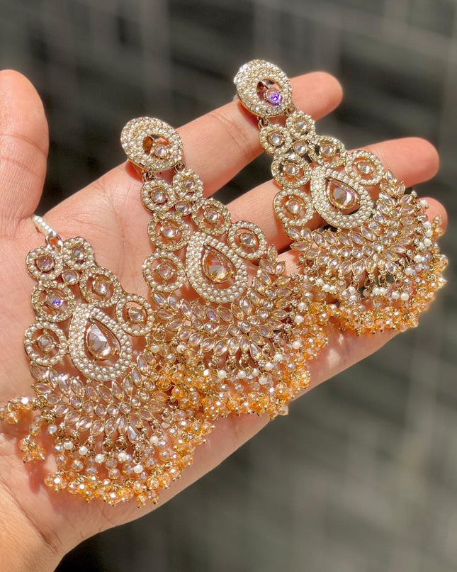 Designer Reverse AD Stone Statement Earrings with Coordinated Maang Tikka