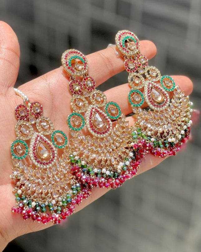 Designer Reverse AD Stone Statement Earrings with Coordinated Maang Tikka