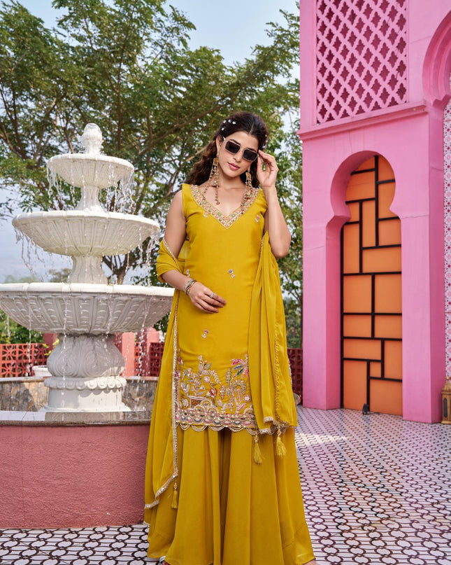 Pure Star Georgette Kurti Palazzo Set with Moti Beads & Sequin Embroidery | Designer