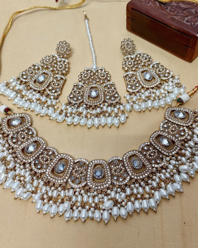 Reverse AD Stone Choker with Big Earrings & Tika | Premium Quality