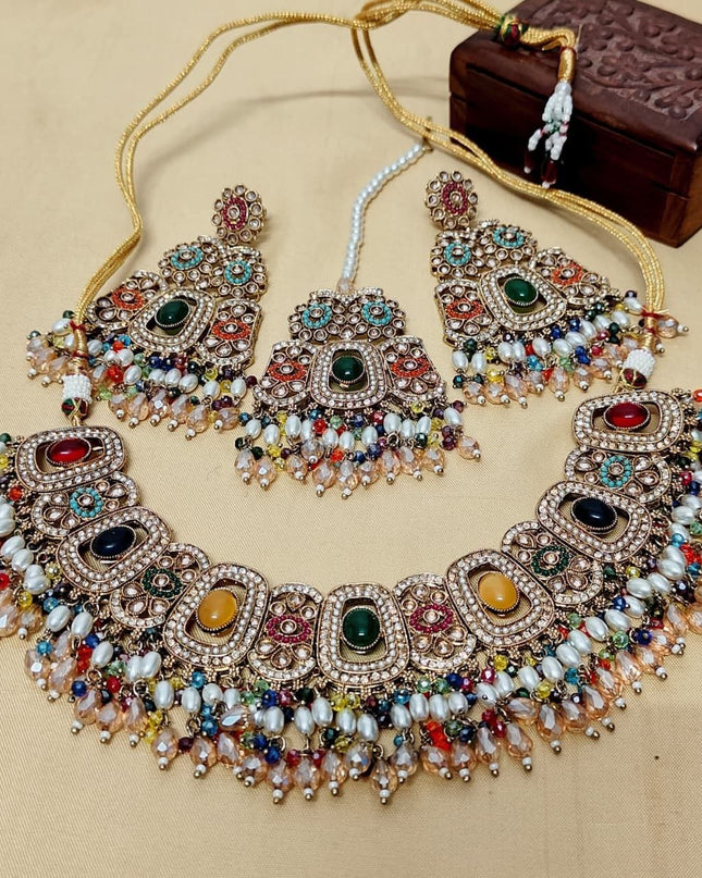 Reverse AD Stone Choker with Big Earrings & Tika | Premium Quality