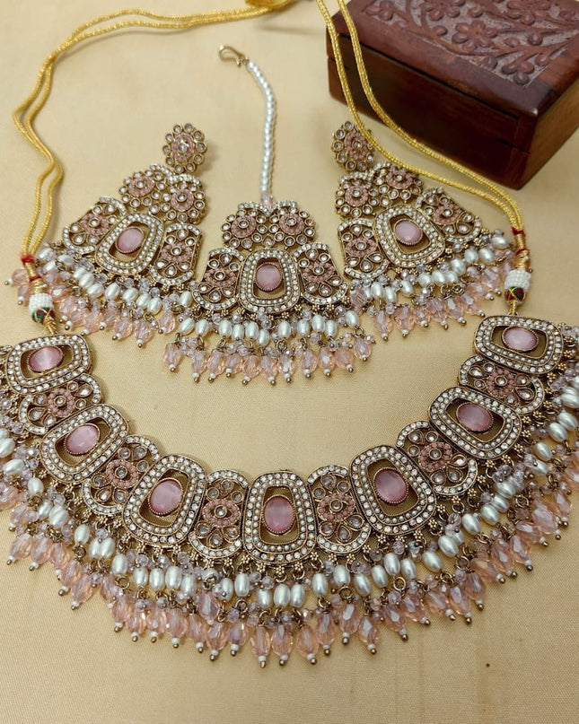 Reverse AD Stone Choker with Big Earrings & Tika | Premium Quality