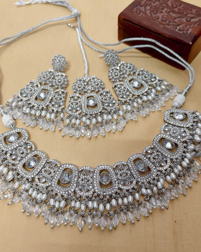 Reverse AD Stone Choker with Big Earrings & Tika | Premium Quality