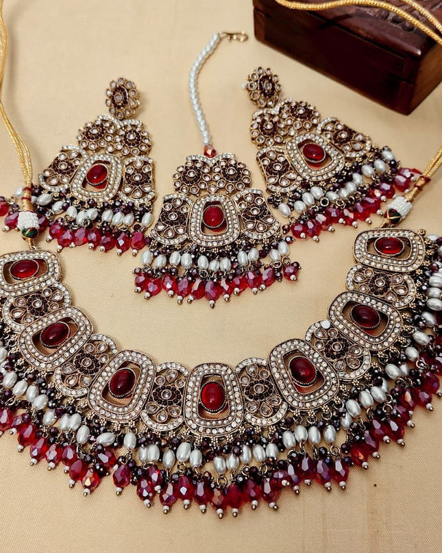 Reverse AD Stone Choker with Big Earrings & Tika | Premium Quality