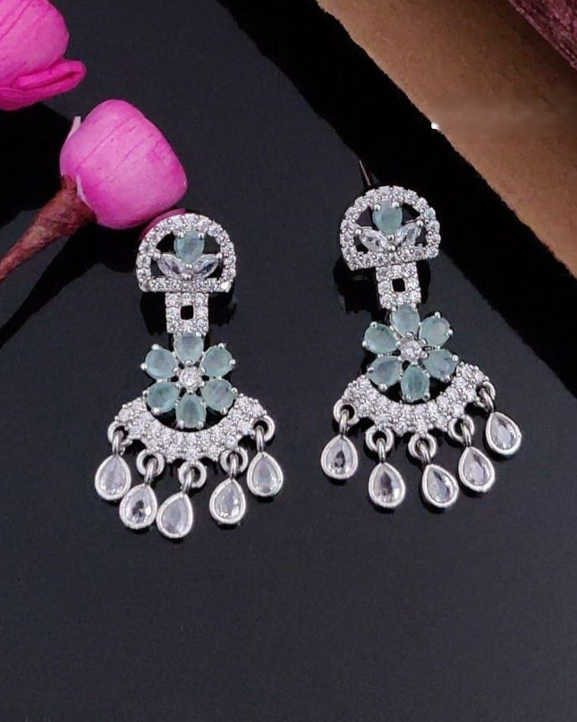 Rhodium-Plated American Diamond Chandbali Drop Earrings