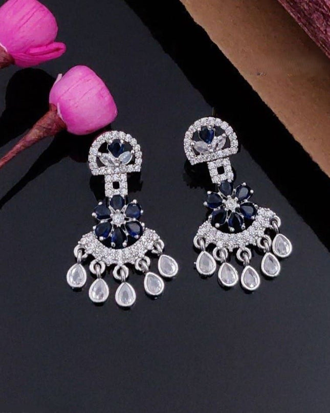 Rhodium-Plated American Diamond Chandbali Drop Earrings