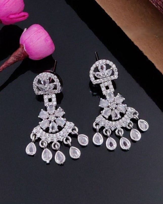 Rhodium-Plated American Diamond Chandbali Drop Earrings