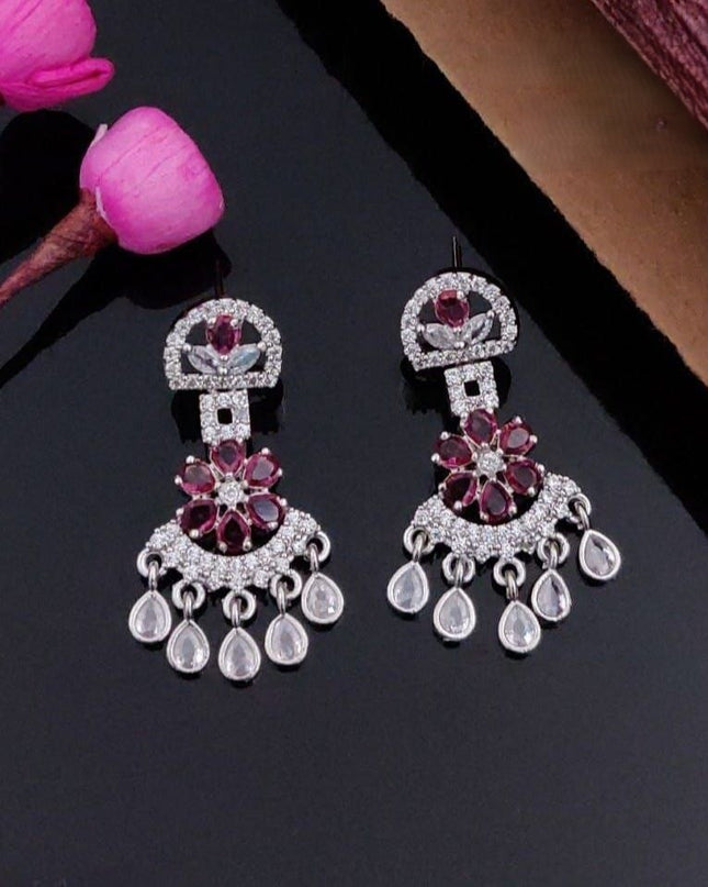 Rhodium-Plated American Diamond Chandbali Drop Earrings