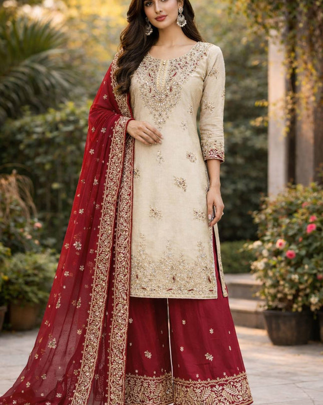 Designer Party Wear Embroidered JC Silk Suit Set with Palazzo