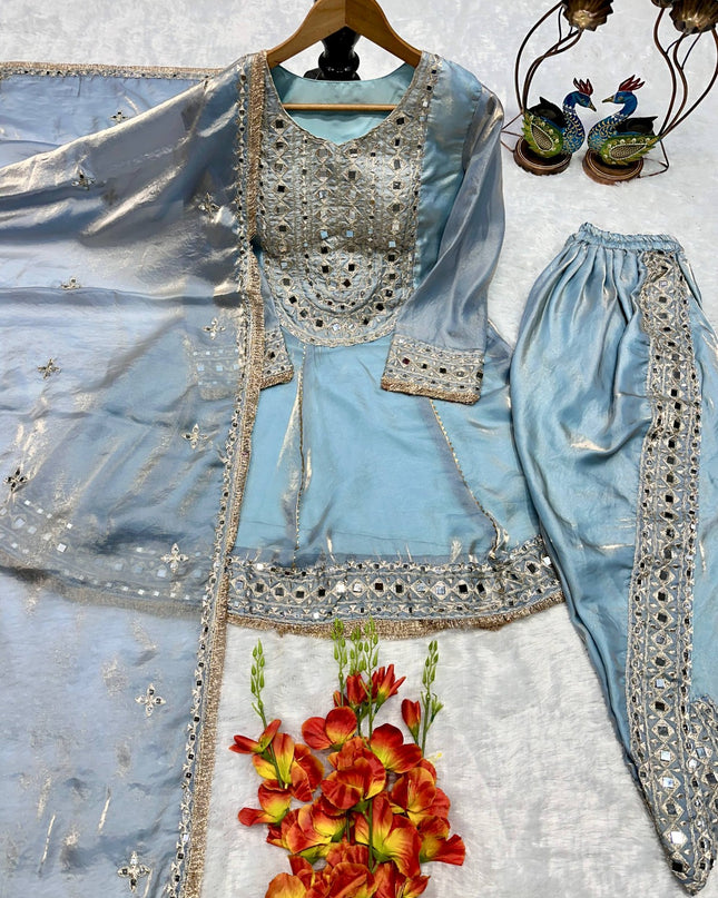 Designer Party Wear Dhoti Suit Set with Mirror Work - Heavy Frendy Silk