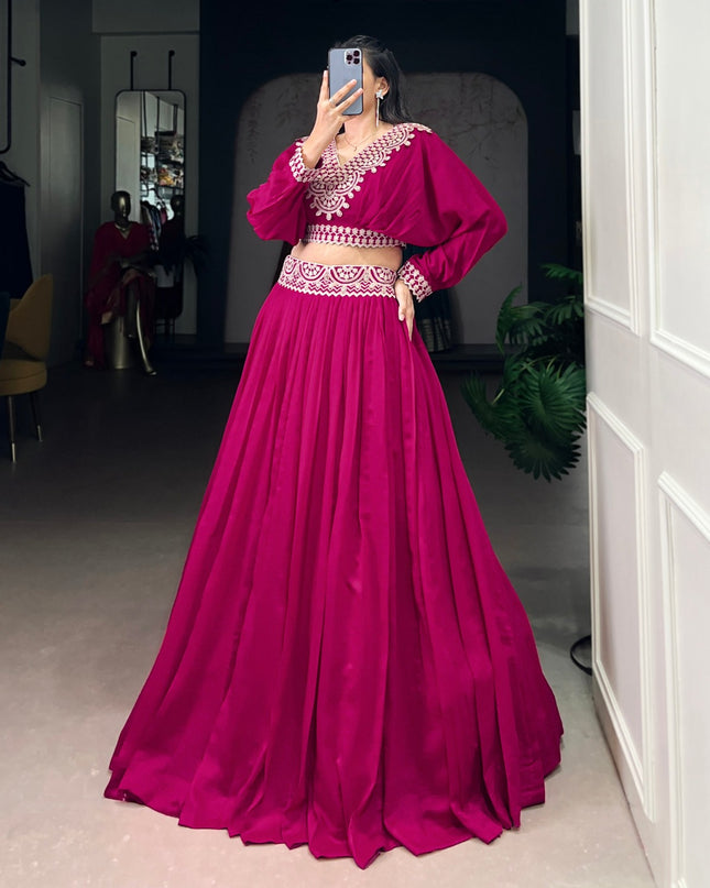 Fully Stitched Embroidered Vichitra Silk Lehenga Set | Thread Work