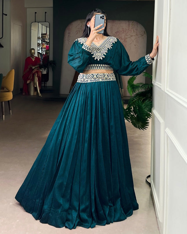 Fully Stitched Embroidered Vichitra Silk Lehenga Set | Thread Work