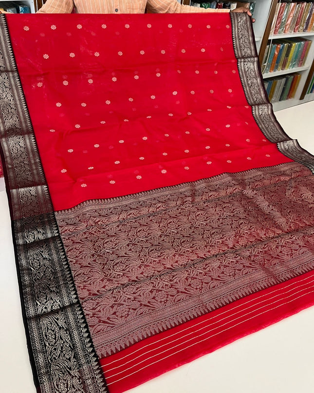 Pure Chanderi Katan Silk Saree with Silver Zari Weave and Nakshi Border