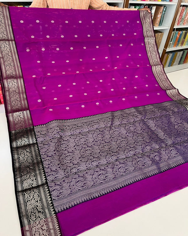Pure Chanderi Katan Silk Saree with Silver Zari Weave and Nakshi Border