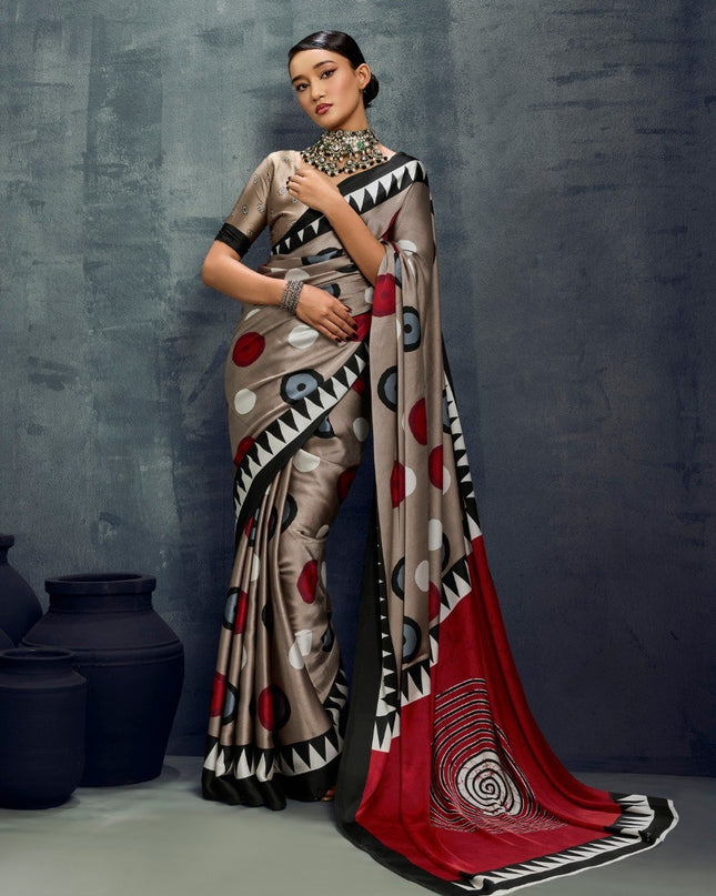 Pure Ajrakh Modal Satin Saree with Traditional Print and Matching Blouse