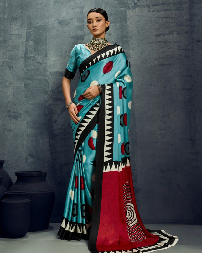 Pure Ajrakh Modal Satin Saree with Traditional Print and Matching Blouse