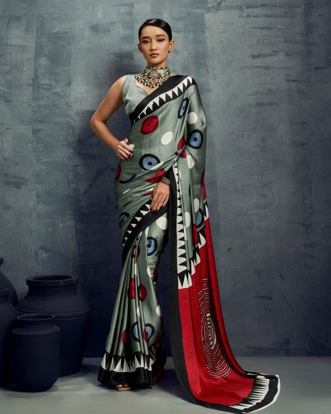 Pure Ajrakh Modal Satin Saree with Traditional Print and Matching Blouse