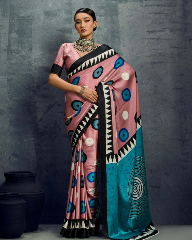 Pure Ajrakh Modal Satin Saree with Traditional Print and Matching Blouse