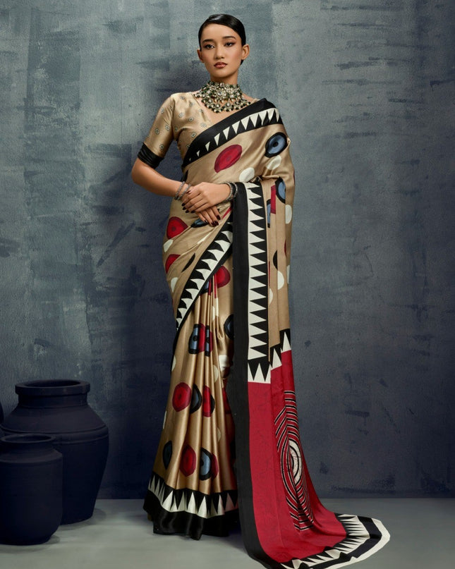Pure Ajrakh Modal Satin Saree with Traditional Print and Matching Blouse