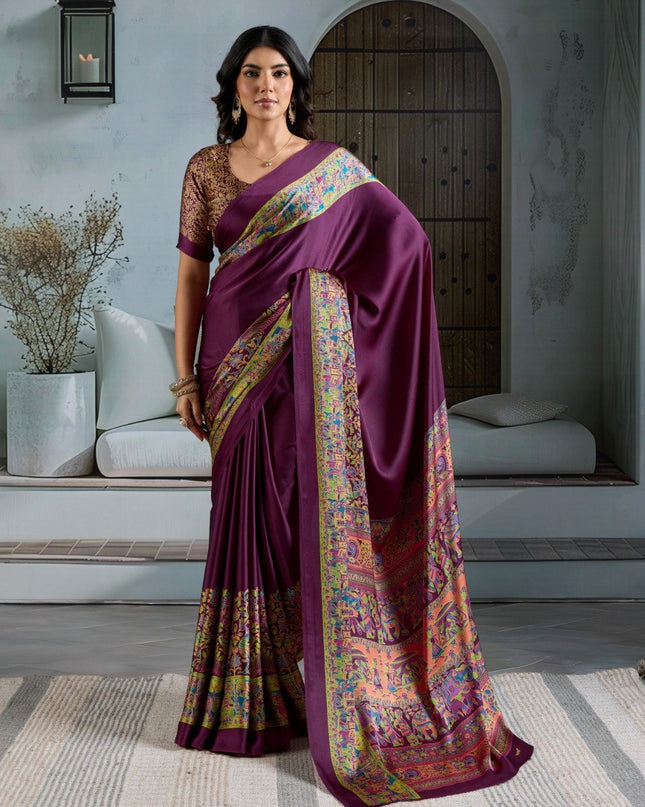 Pure Ajrakh Modal Satin Saree with Printed Motifs & Designer Blouse